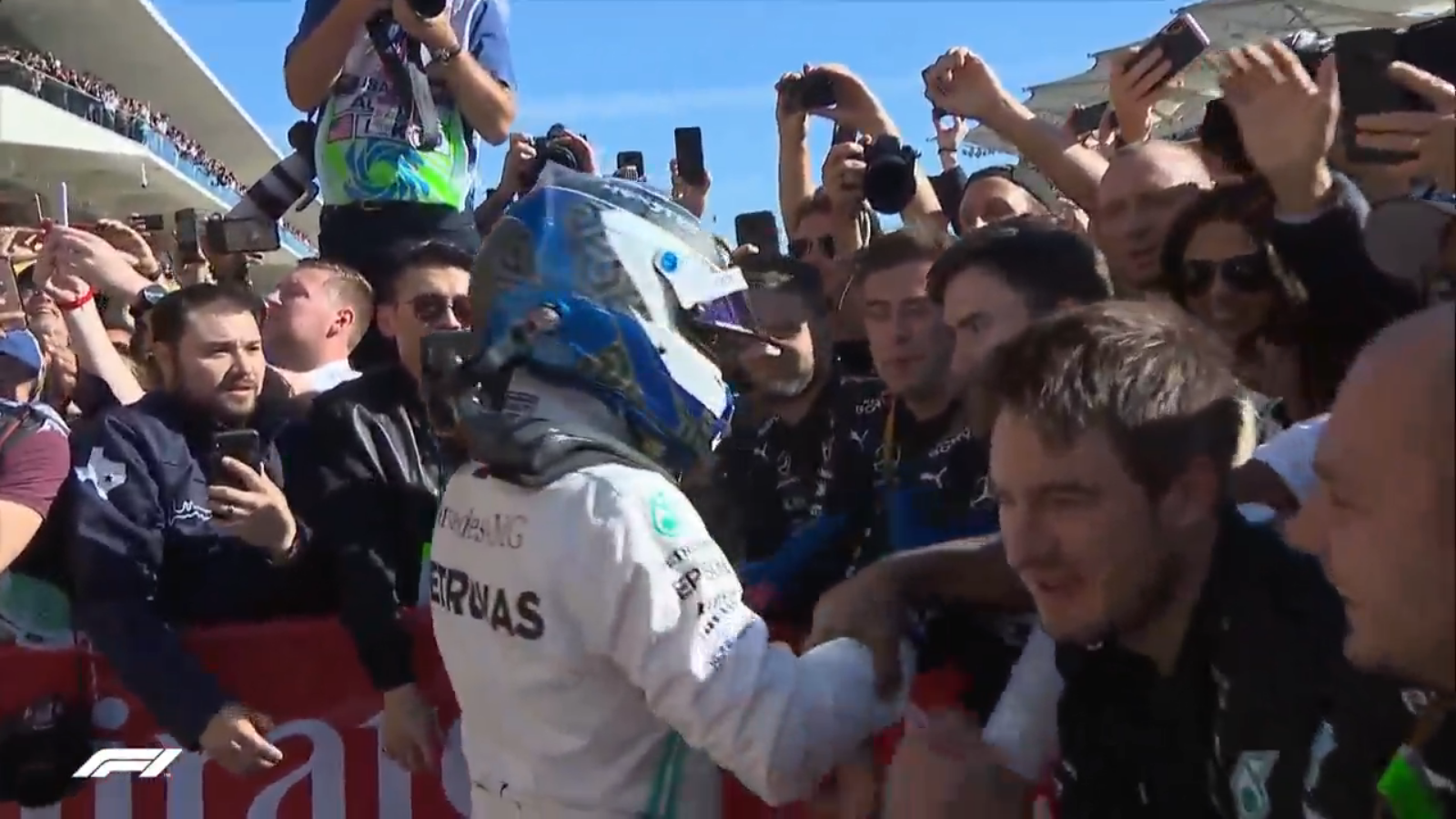 Bottas celebrates his victory with the Mercedes-AMG team.