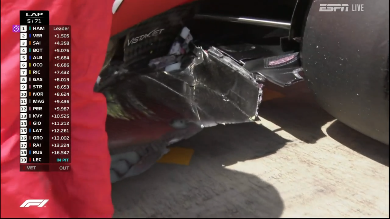 Charles Leclerc's damaged Ferrari.  Both Ferraris had to retire from the race early.