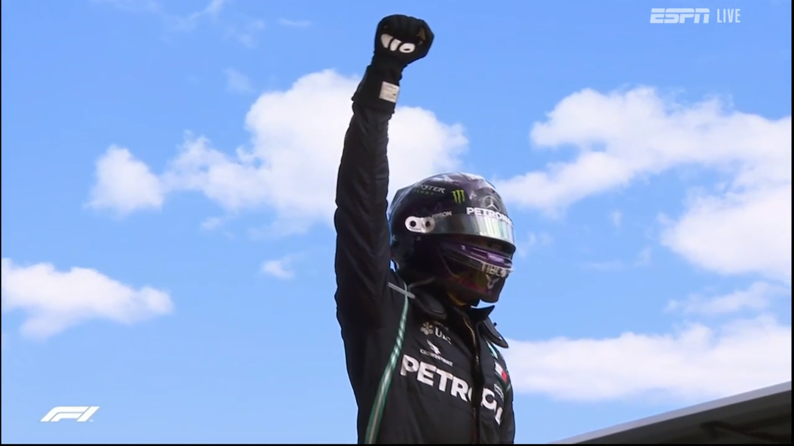 Lewis Hamilton celebrates his win for Mercedes.