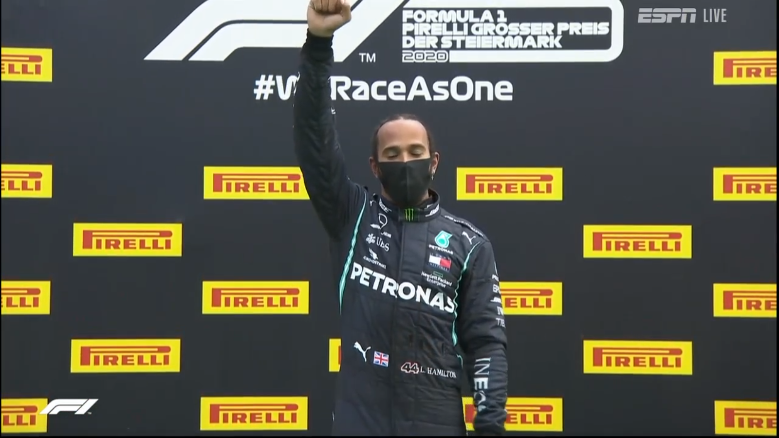 Race winner Lewis Hamilton on The Podium.