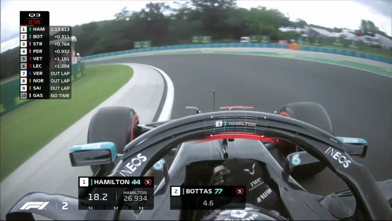 Lewis Hamilton's view as he lines up for the apex of a curve.