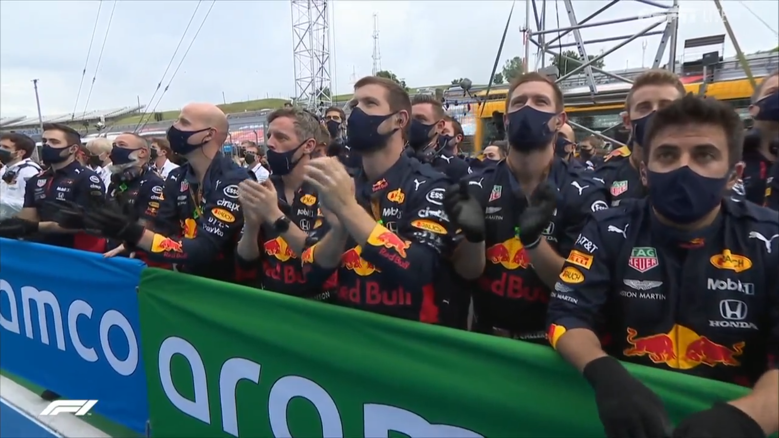 The Red Bull Racing Honda team celebrates their 2nd place finish.