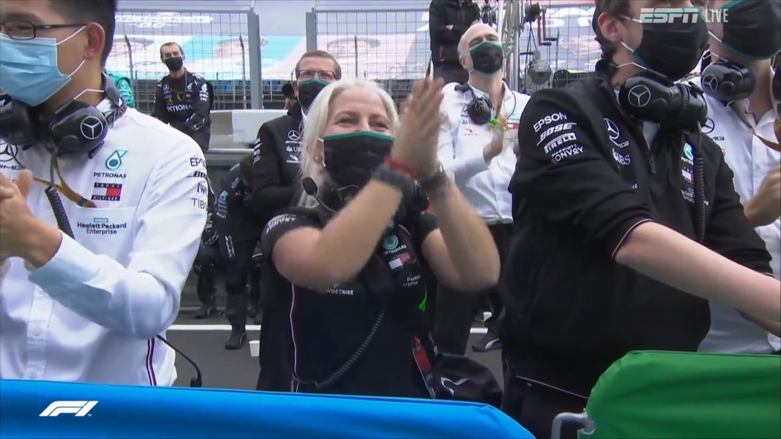 The Mercedes-AMG team celebrates getting both cars on The Podium, in 1st  and 3rd places.